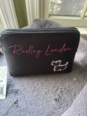 RADLEY LONDON Black Pouch with Pink Script and Dog Accent